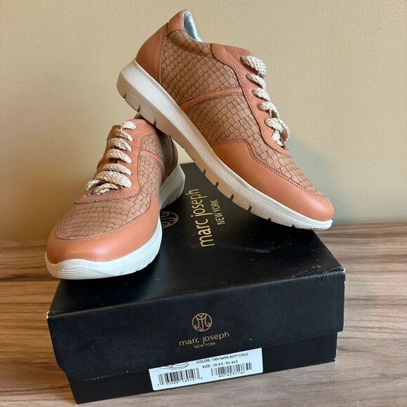 Marc Joseph New York Shoes - Marc Joseph Gramercy Women 9.5 Tan Croc Leather Sneakers Made Brazil New Box